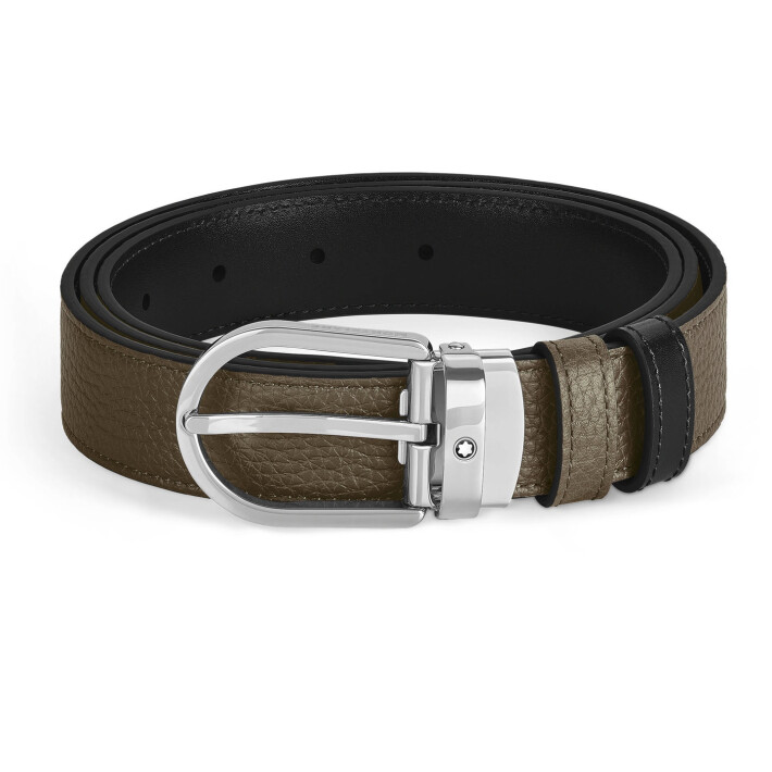 Horseshoe Palladium-coated Pin Buckle Reversible Khaki / Black 30 mm Leather Belt MB198449