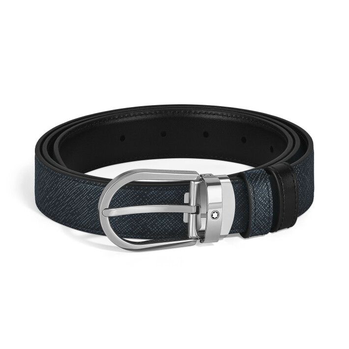Horseshoe Pin Buckle Reversible Tweed Blue Sartorial / MST Black 30 mm Leather Belt MB220965