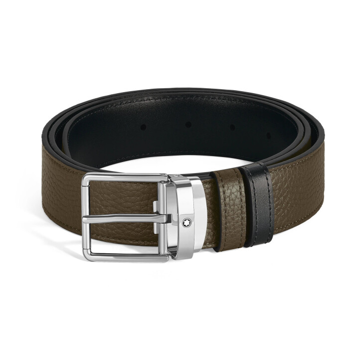 Rectangular Pin Buckle Reversible Khaki Grain / MST Black 35 mm Leather Belt MB221004